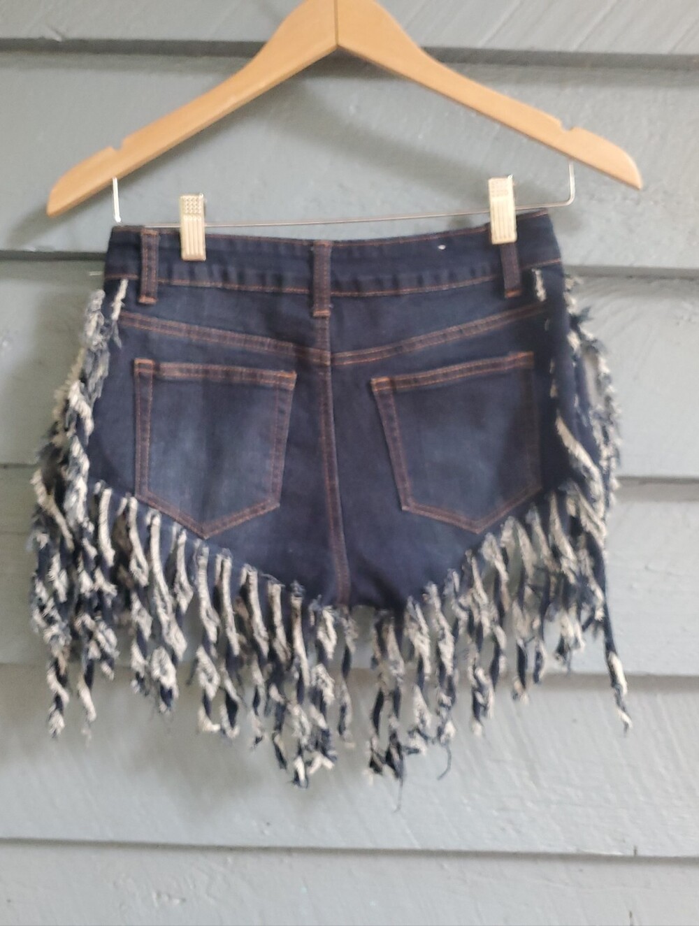 Fringed Dark Blue Denim Shorts - Picture 2 of 4